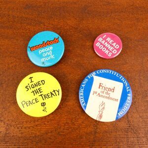 Vintage Pin Lot - Woodstock Peace, Banned Books, Peace Treaty, 1st Amendment‎